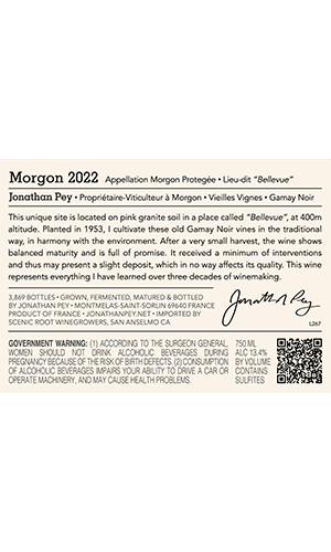 Domaine Jonathan Pey Morgon Bellevue Cru 2022 Back Label - Version US thumb