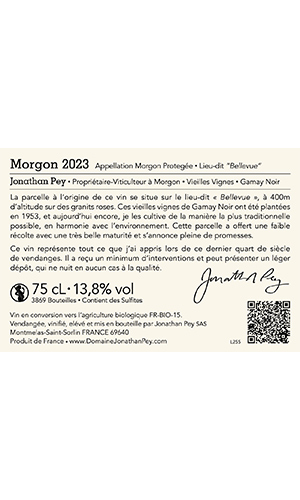 Domaine Jonathan Pey Morgon Bellevue Cru 2022 Back Label - French thumb