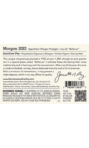 Domaine Jonathan Pey Morgon Bellevue Cru 2022  Back Label - US Version thumb